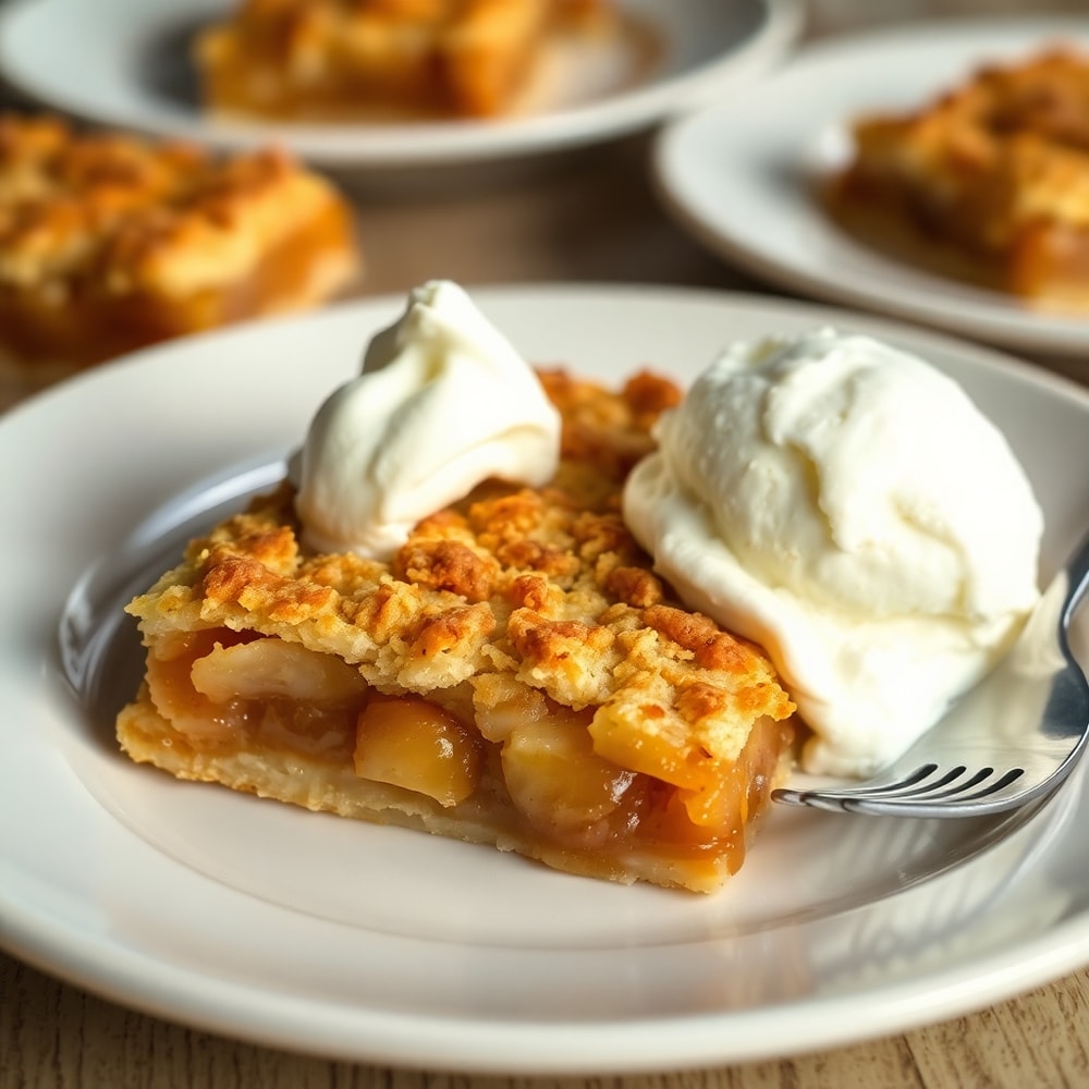 Crispy Apple Pie Bars served warm with a scoop of vanilla ice cream