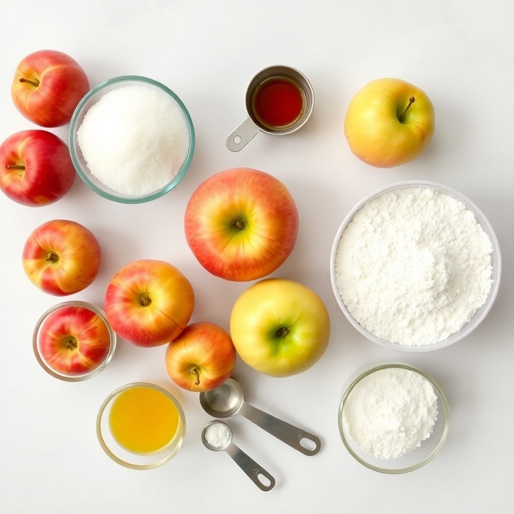 Raw ingredients for Crispy Apple Pie Bars including apples, sugar, and flour