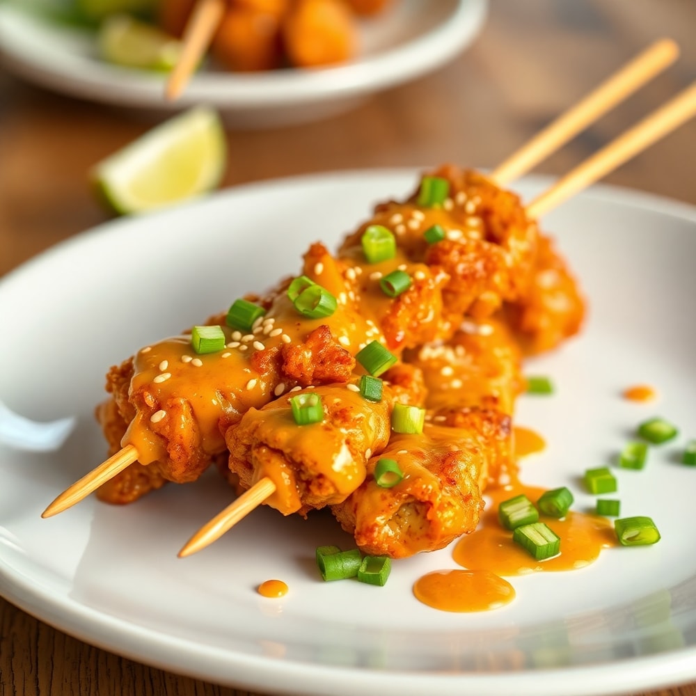 Plated Bang Bang Chicken Skewers with green onions and sesame seeds