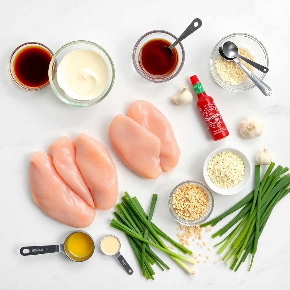 Raw ingredients for Bang Bang Chicken Skewers on a marble counter