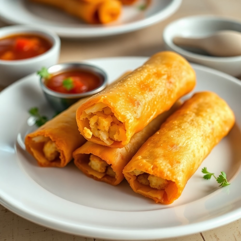 Plated Breakfast Egg Rolls with a side of salsa