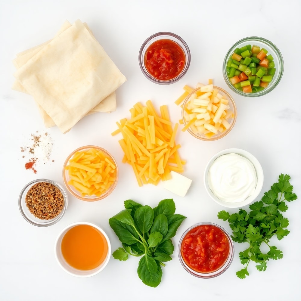 Raw ingredients for Breakfast Egg Rolls on a marble surface