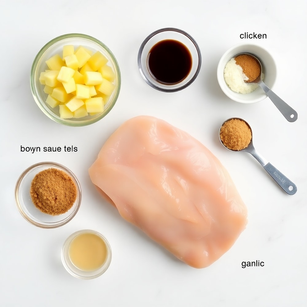 Raw ingredients for Brown Sugar Pineapple Chicken arranged on a white marble surface