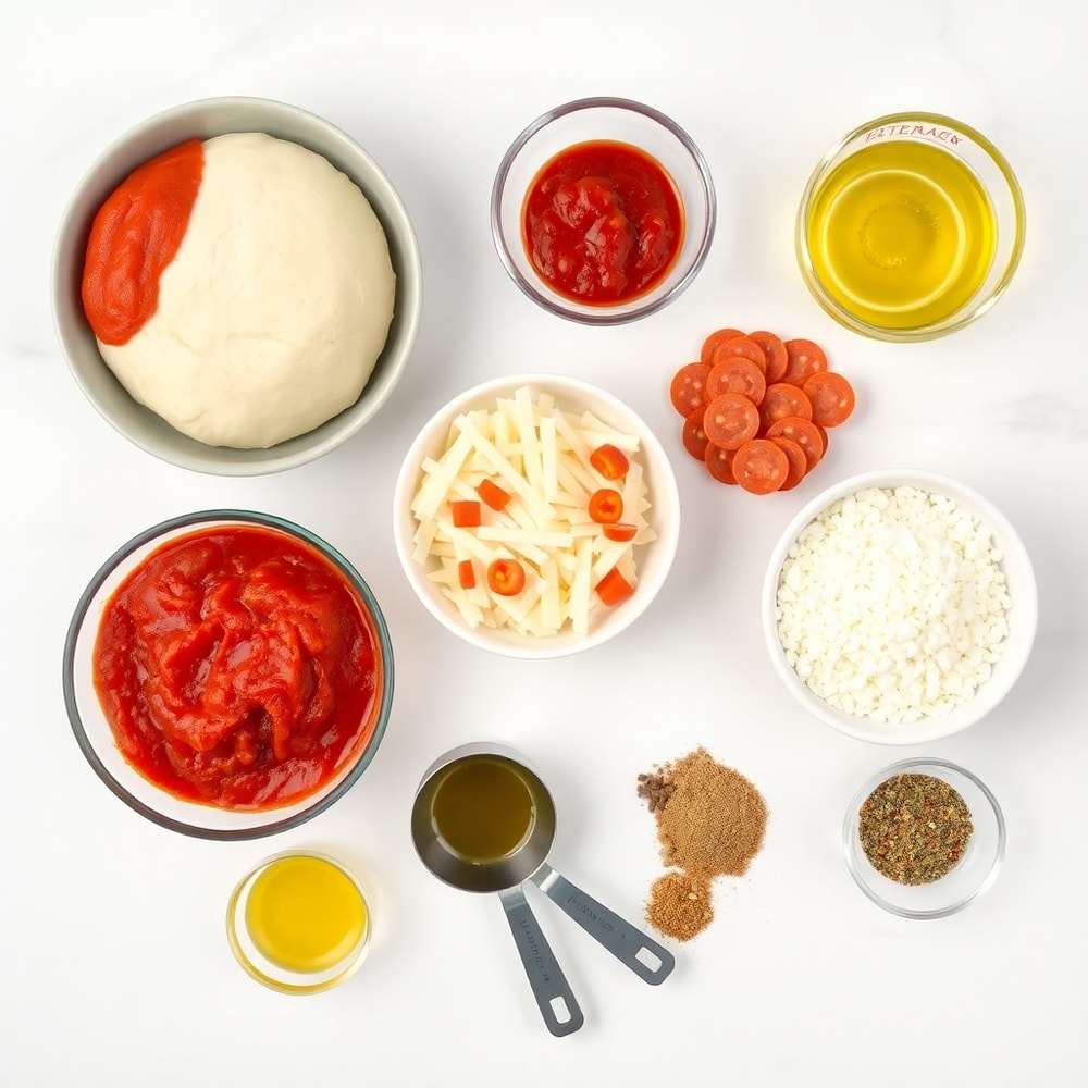 Raw ingredients for Cast Iron Skillet Pizza including dough, sauce, cheese, and toppings
