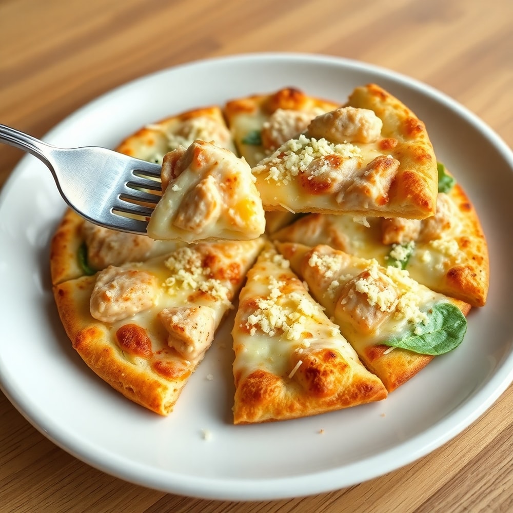 A slice of Chicken Caesar Salad Pizza on a white plate