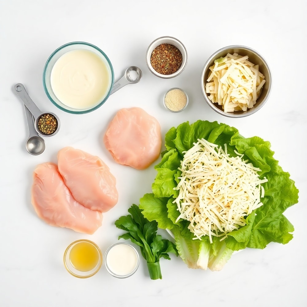 Raw ingredients for Chicken Caesar Salad Pizza on a marble counter