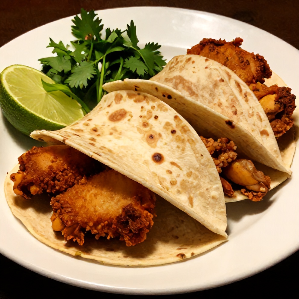 Plated serving of crispy chicken wrapped in tortillas on a white plate