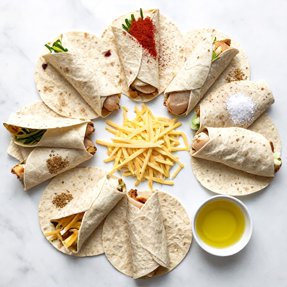 Raw ingredients for chicken wrapped in tortillas on a white marble surface