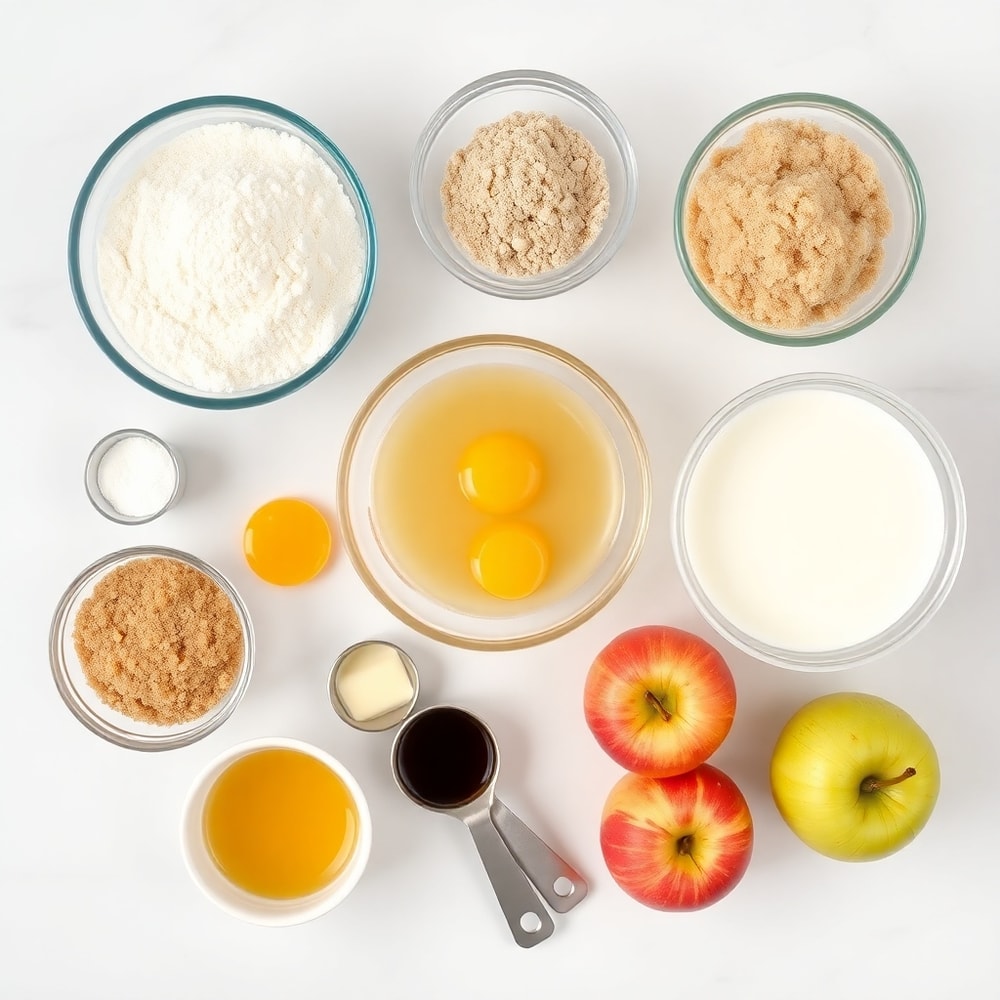 Ingredients for Cinnamon Apple Bread on a white marble surface