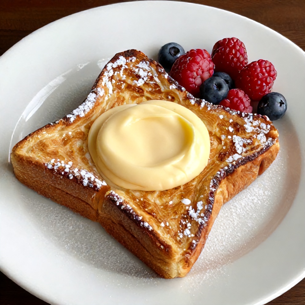 Plated Custard Yogurt Toast with powdered sugar and fresh berries