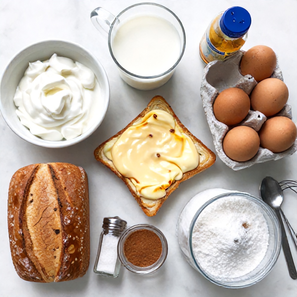 Raw ingredients for Custard Yogurt Toast on a marble surface