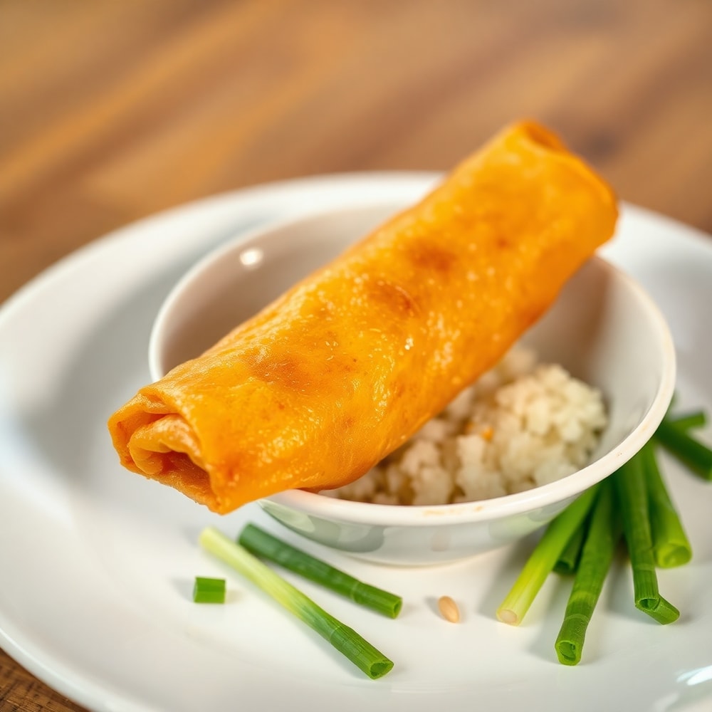Plated serving of Crispy Egg Roll in a Bowl on a white plate with green onions and sesame seeds