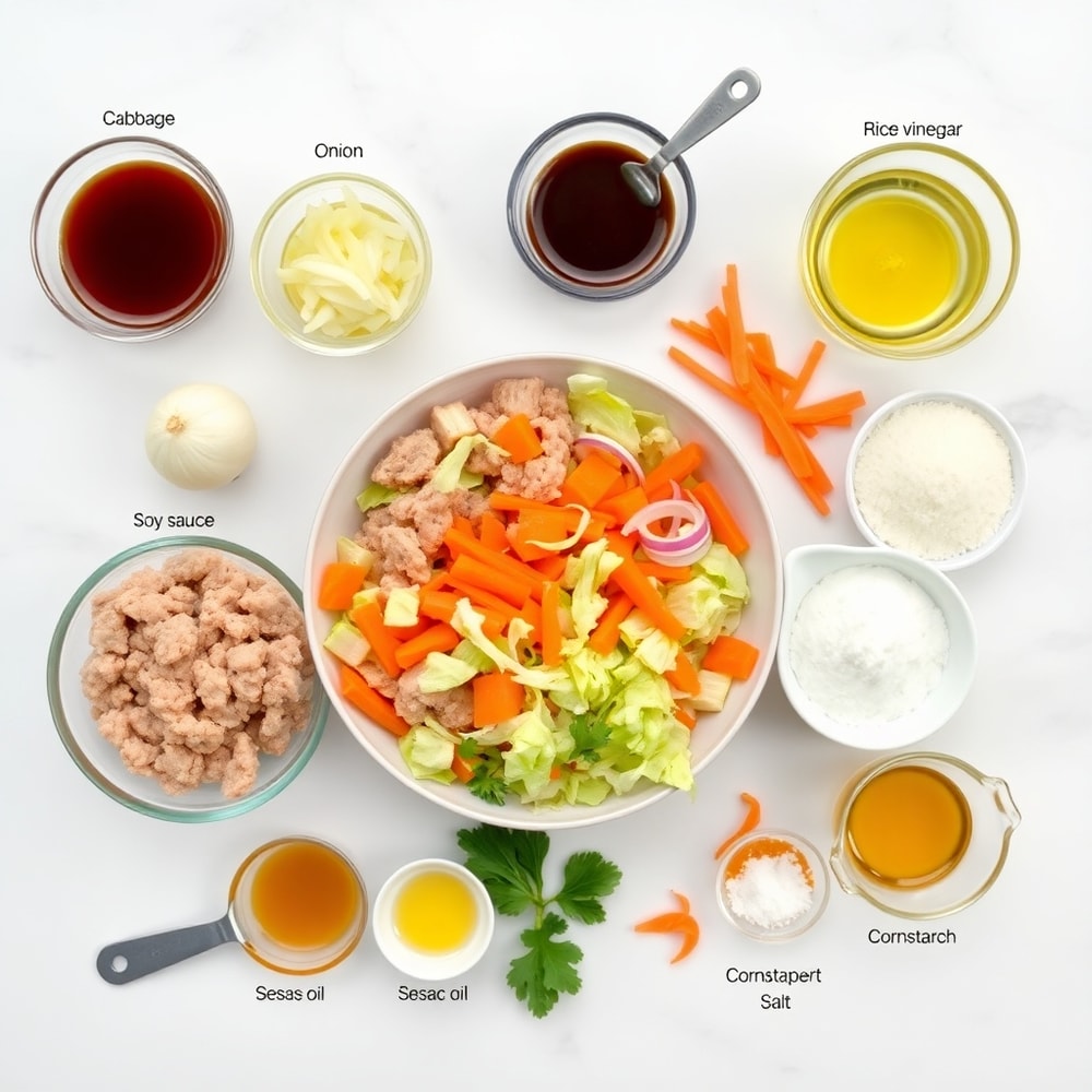 Raw ingredients for Egg Roll in a Bowl arranged on a white marble surface
