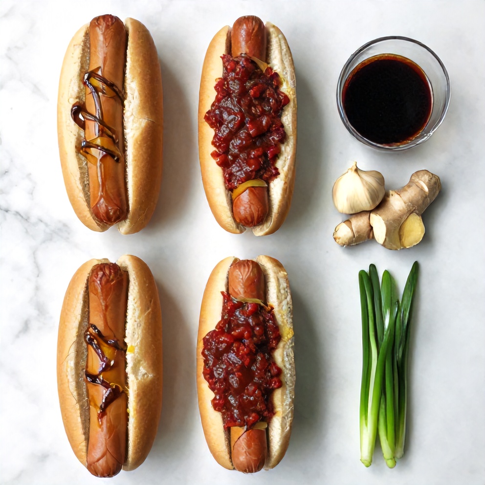 Hot dog buns, hot dogs, chili sauce, brown sugar, soy sauce, garlic, ginger, green onions