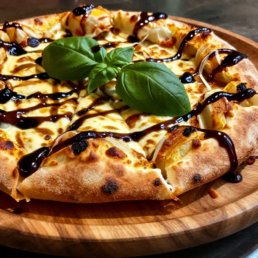 Plated Crispy French Bread Pizza with fresh basil and balsamic glaze