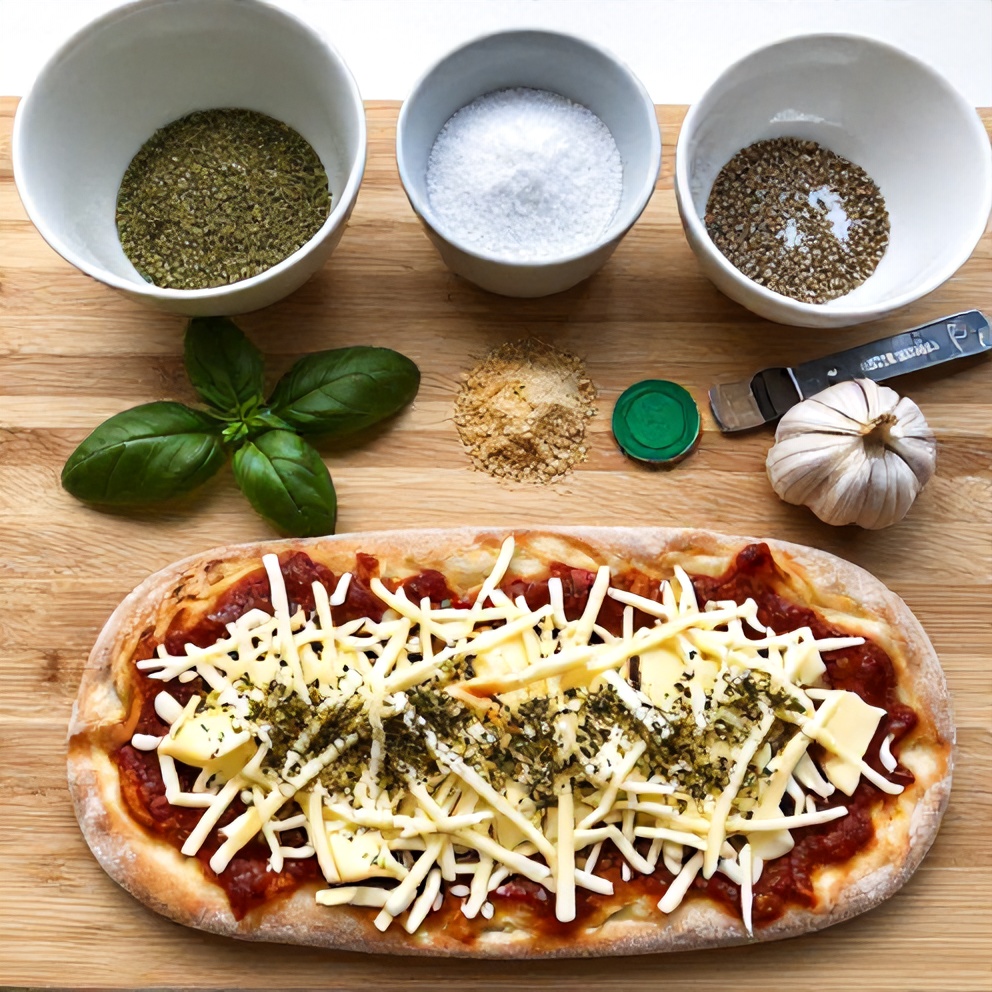 Raw ingredients for Crispy French Bread Pizza on a wooden surface