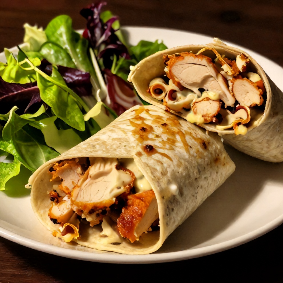 Garlic chicken wrap on a plate with a side of mixed greens