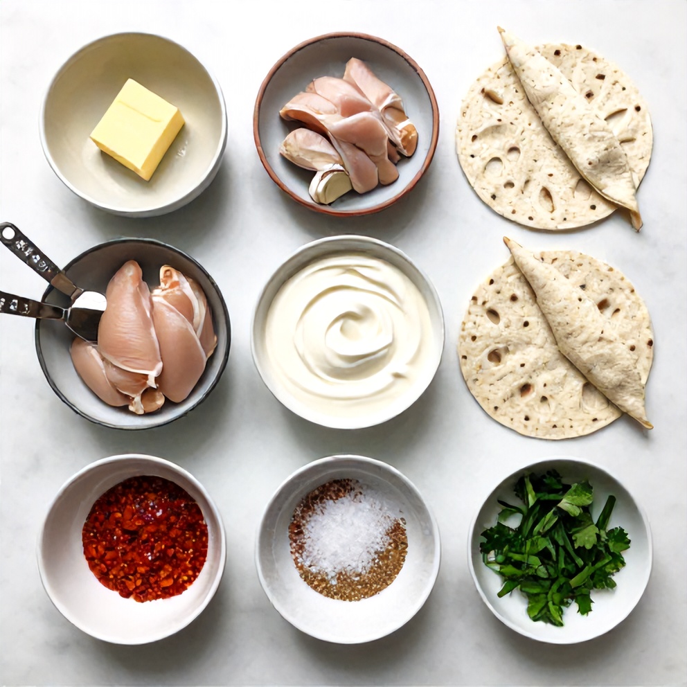 Raw ingredients for garlic chicken wraps on a marble surface