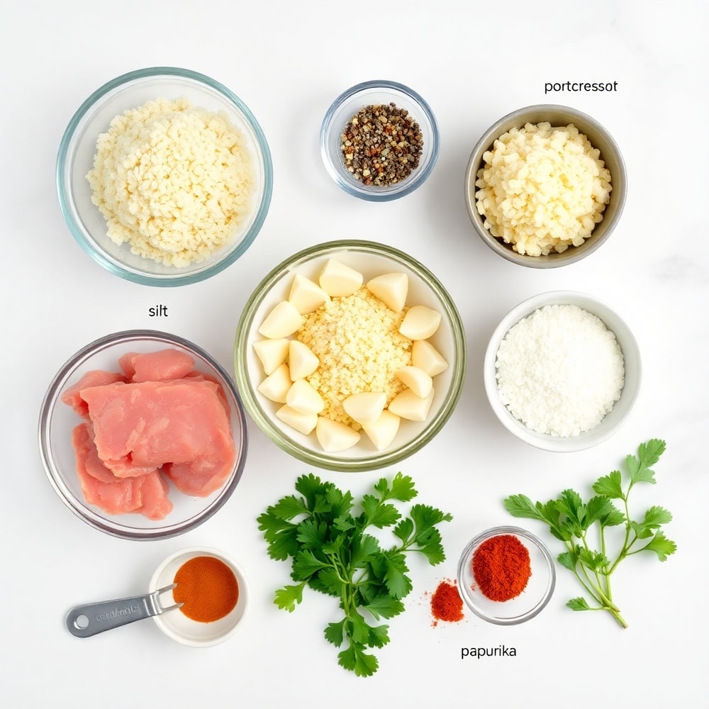 Raw ingredients for Crispy Garlic Pork Bites on a white marble surface