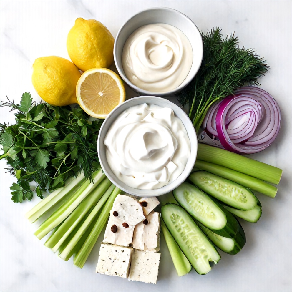 Raw ingredients for Greek Yogurt Chicken Salad arranged in a flat lay