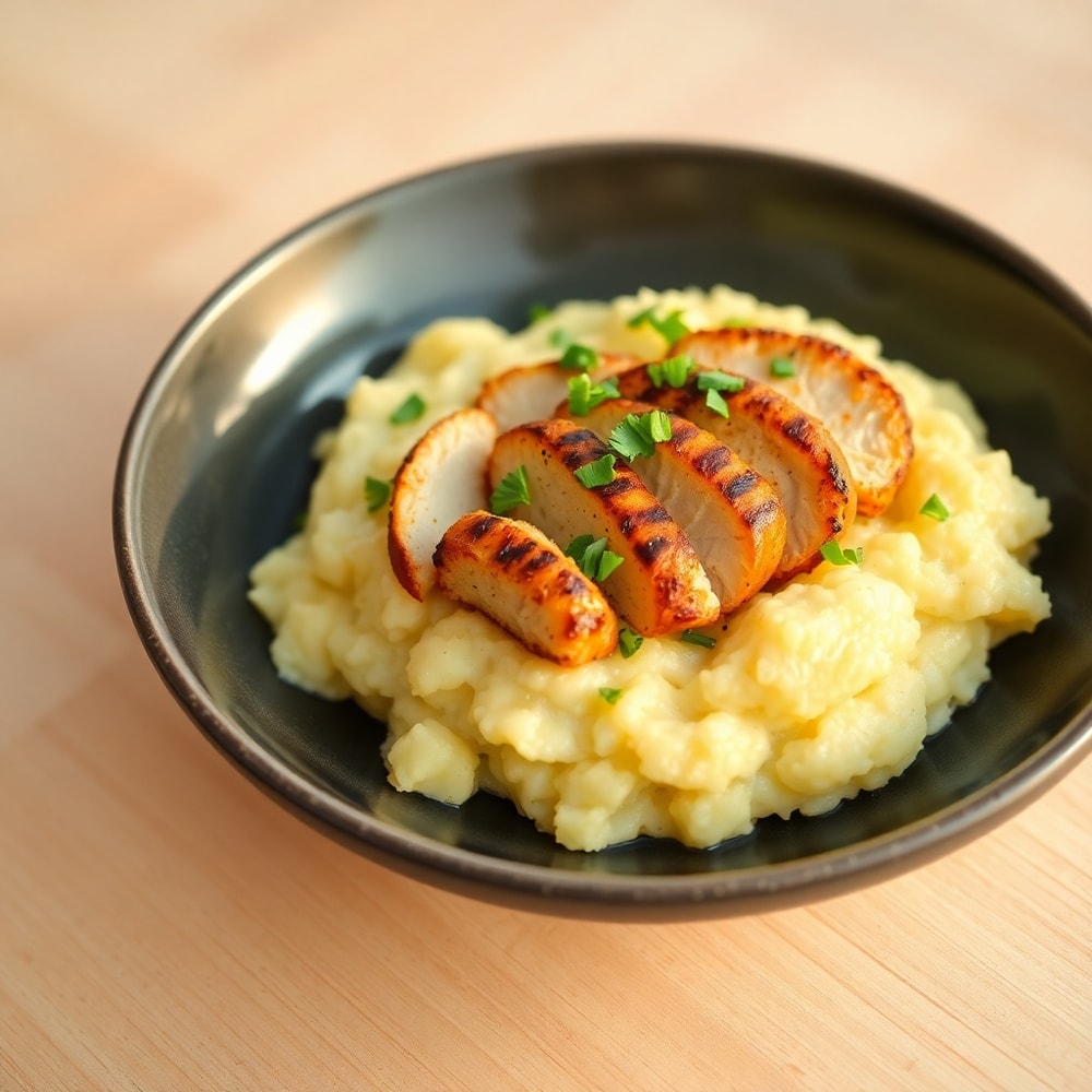 Plated Crispy Grilled Chicken Mashed Potato Bowls