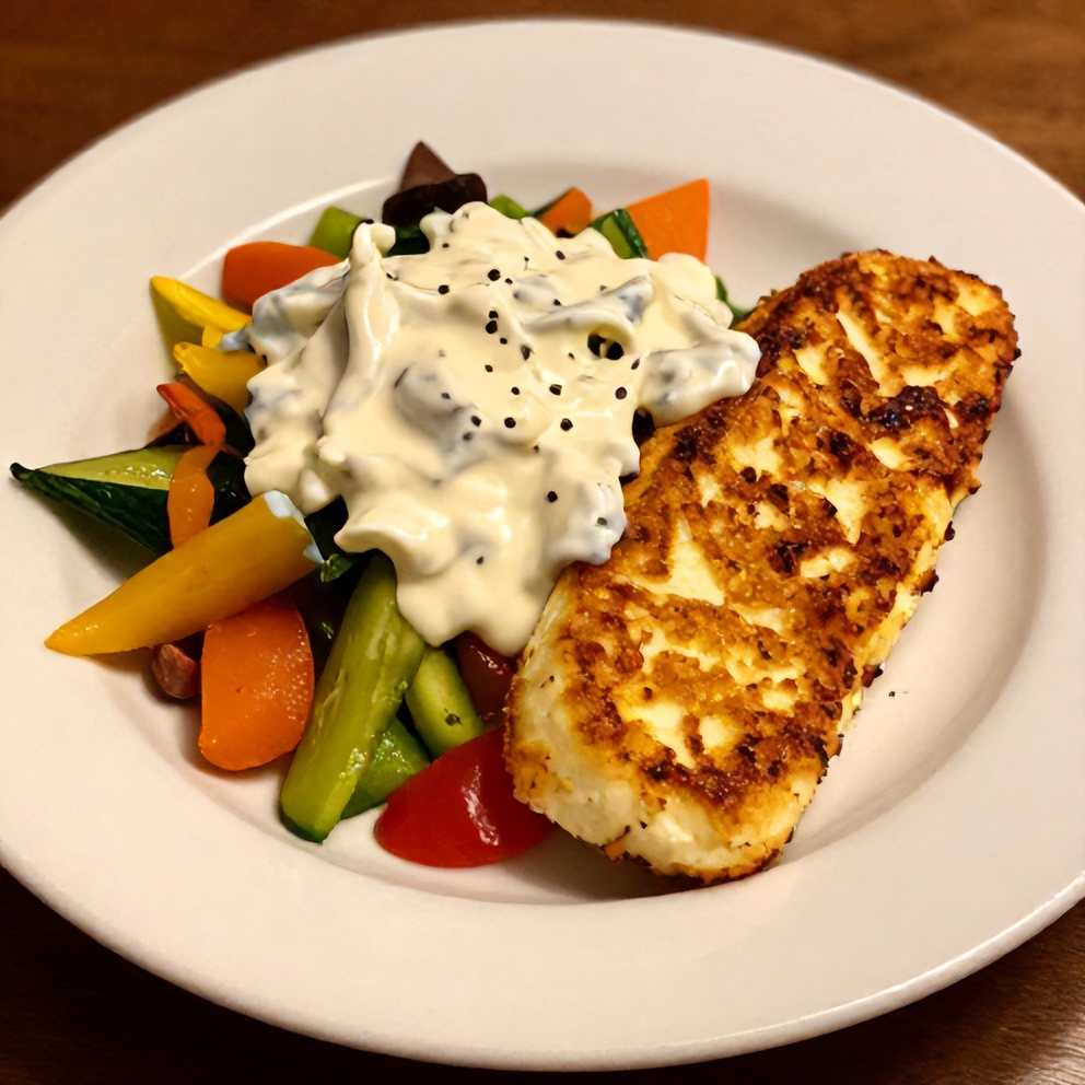 Plated Crispy Halloumi Greek Power Bowl on a white plate