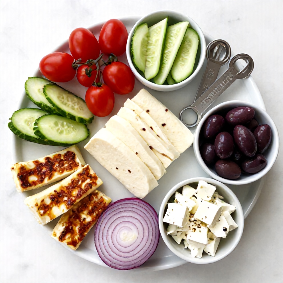 Halloumi, cherry tomatoes, cucumber, red onion, Kalamata olives, and feta cheese arranged on a marble surface