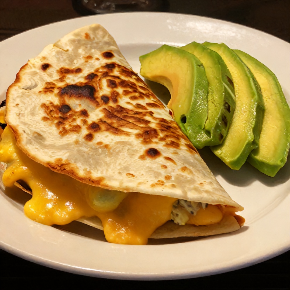 Plated High-Protein Quesadilla with melted cheese and fresh avocado
