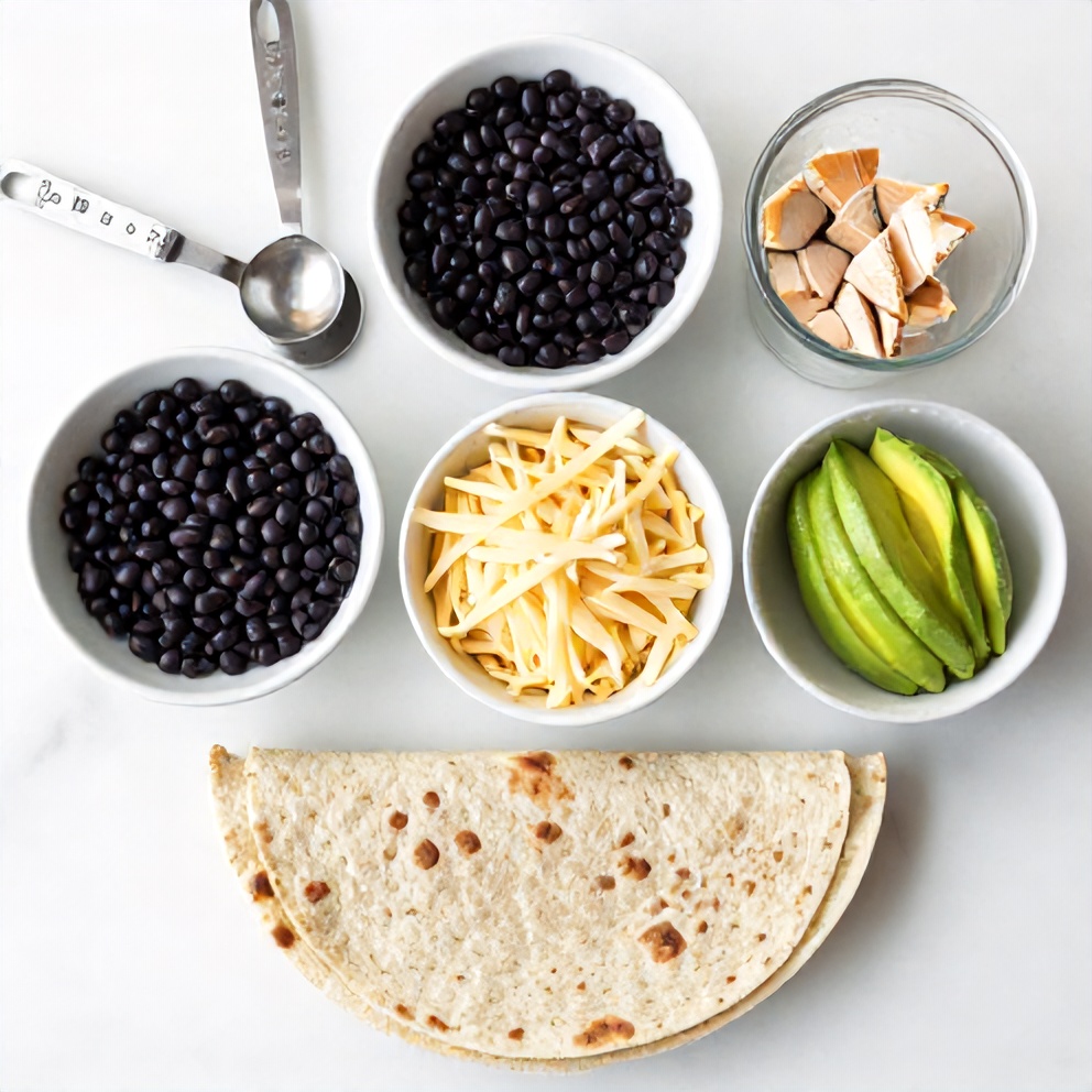 Raw ingredients for High-Protein Quesadilla including chicken, black beans, and cheese