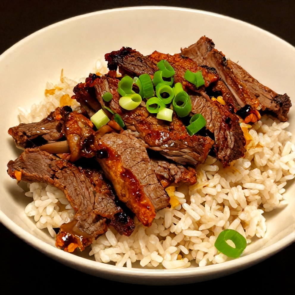 Crispy honey garlic beef bowl plated with sesame seeds