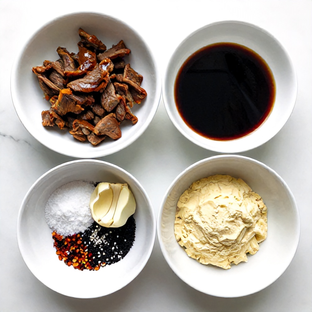 Raw ingredients for crispy honey garlic beef bowl
