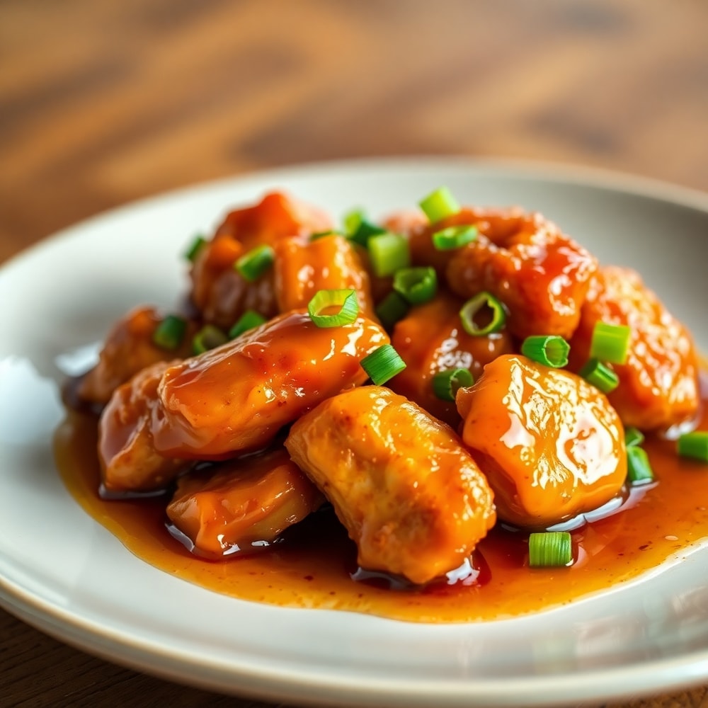 Plated Crispy Honey Garlic Chicken with green onions