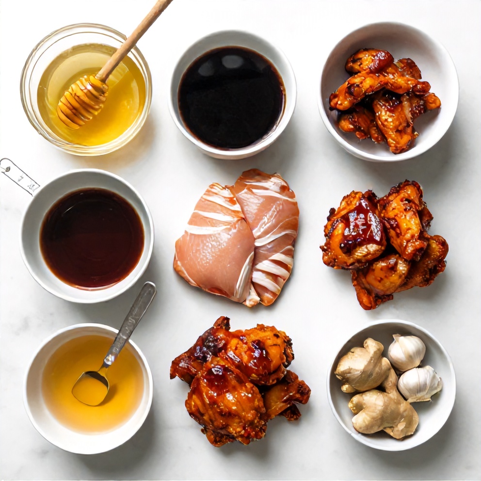 Raw ingredients for Crispy Honey Garlic Chicken on a white marble surface
