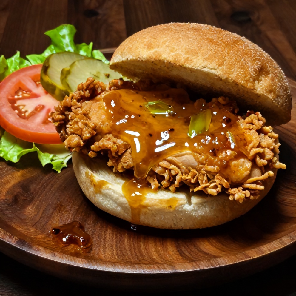 Crispy Honey Garlic Chicken Sandwich on a plate with a side of fries