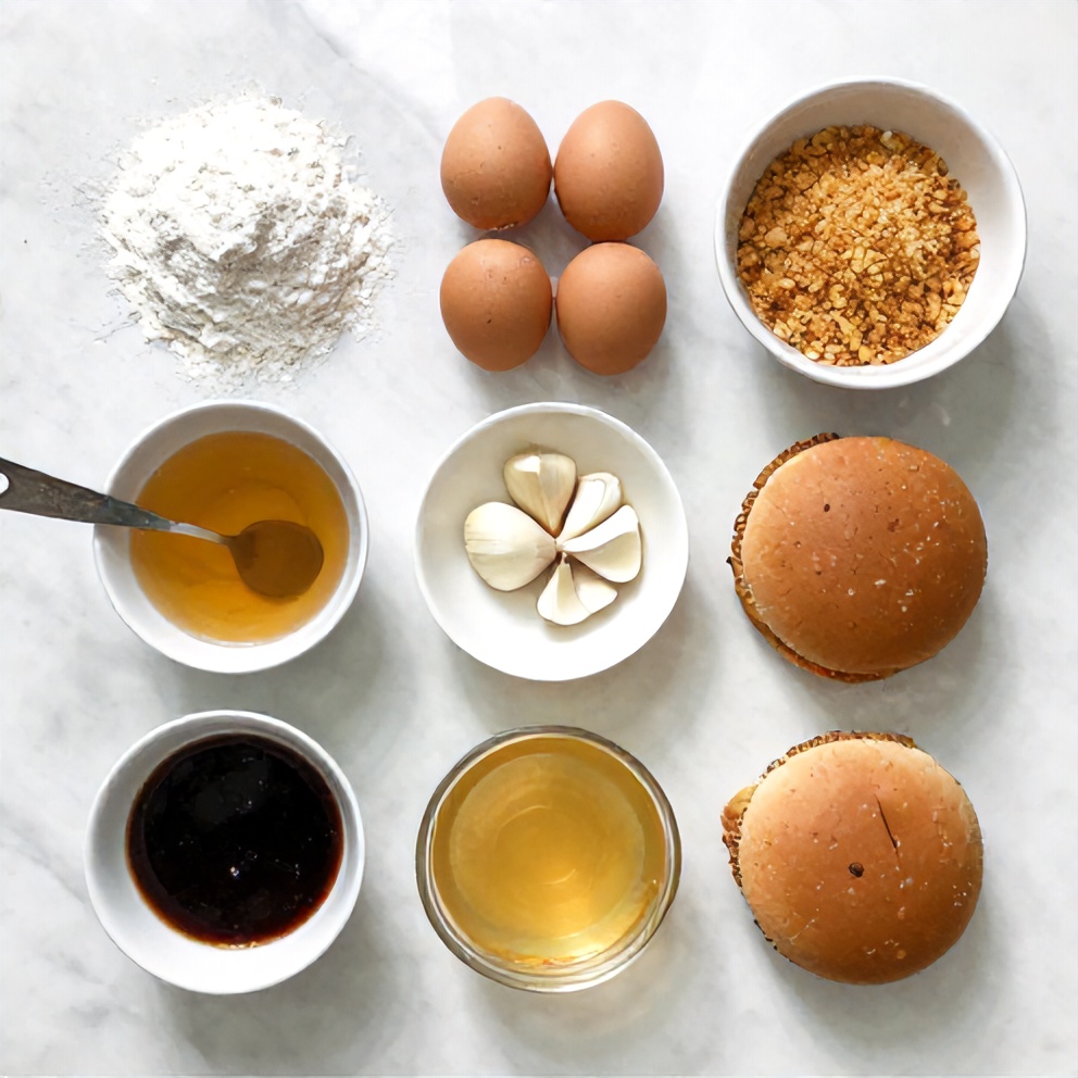 Raw ingredients for Crispy Honey Garlic Chicken Sandwiches on a white marble surface