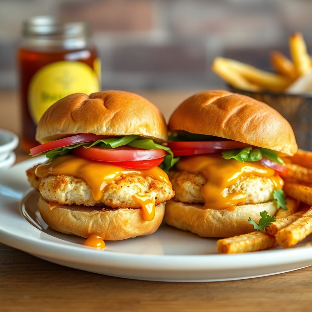 Honey Mustard BLT Chicken Sliders on a plate with a side of fries
