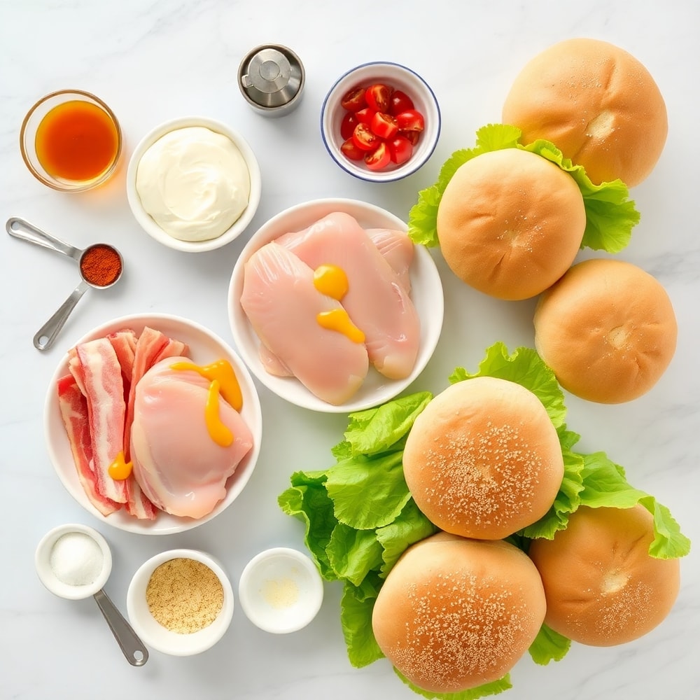 Raw ingredients for Honey Mustard BLT Chicken Sliders on a marble surface