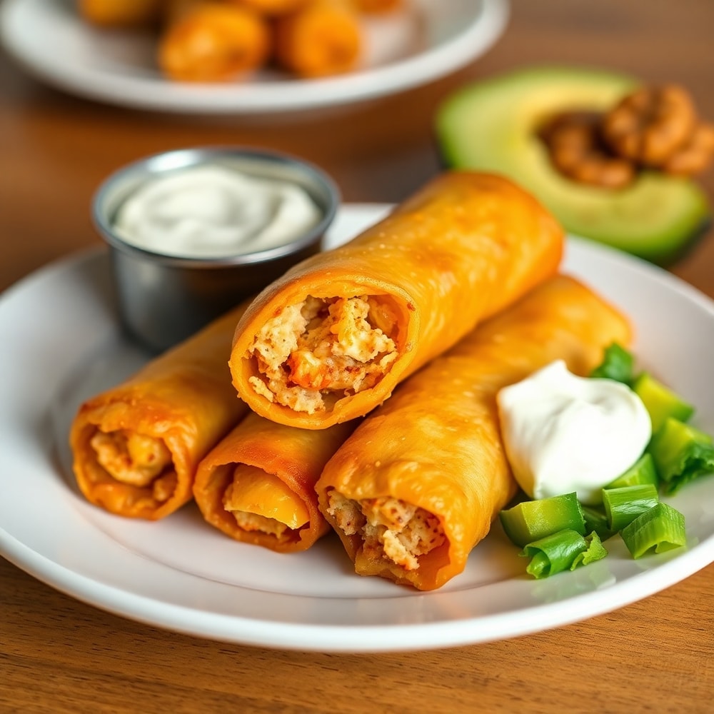 Plated Jalapeño Popper Egg Rolls with sour cream and guacamole