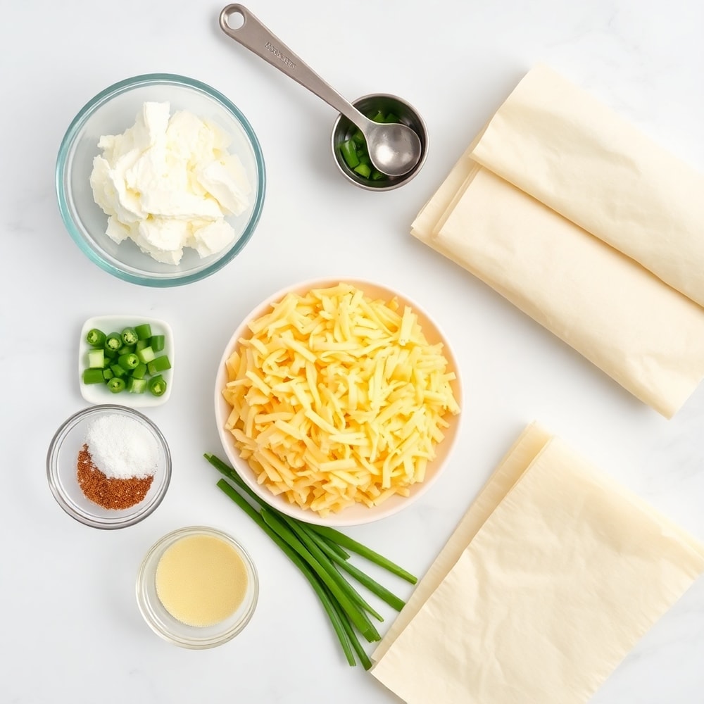 Raw ingredients for Jalapeño Popper Egg Rolls on a white marble surface