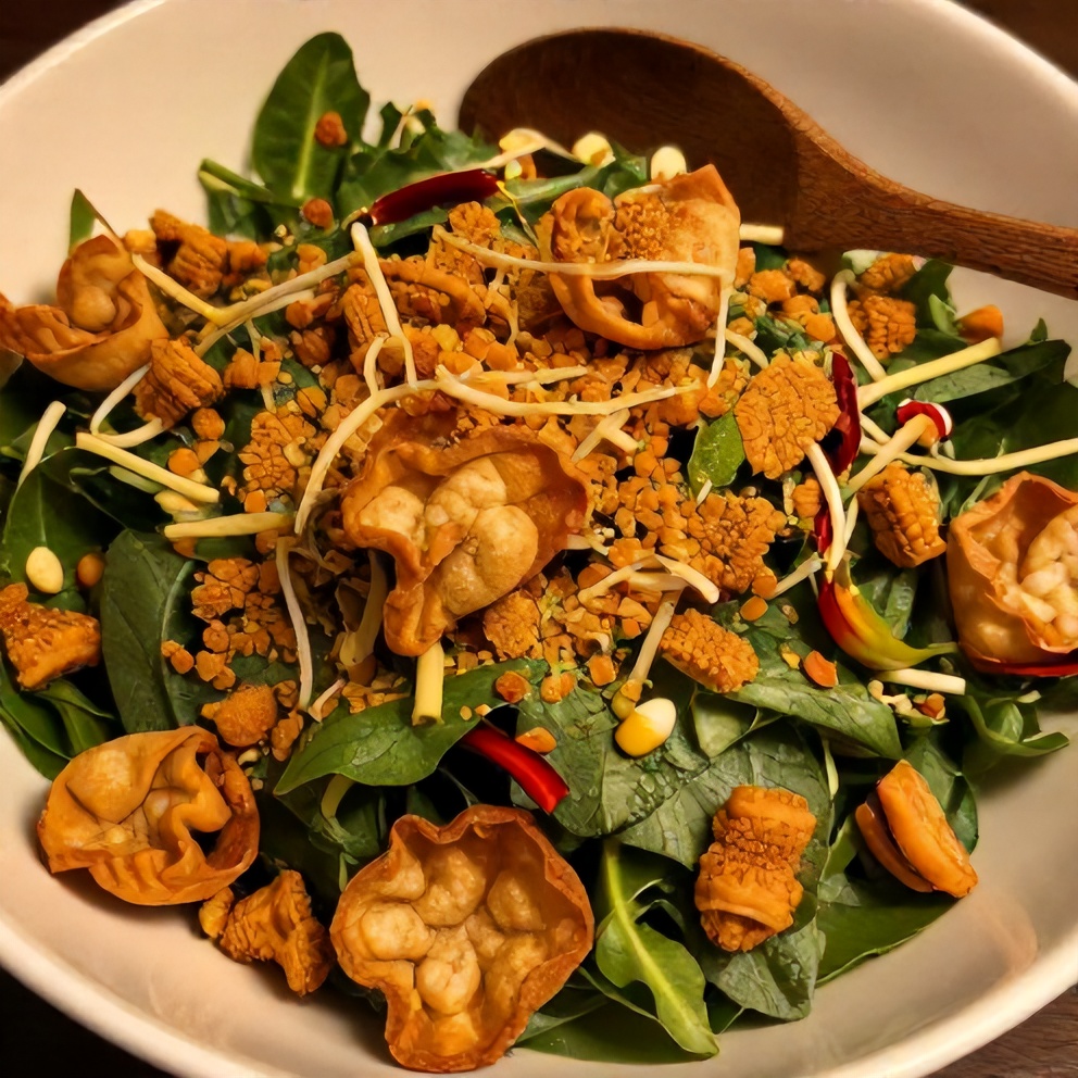Plated Jennifer Aniston Salad with crispy wontons and tangy dressing