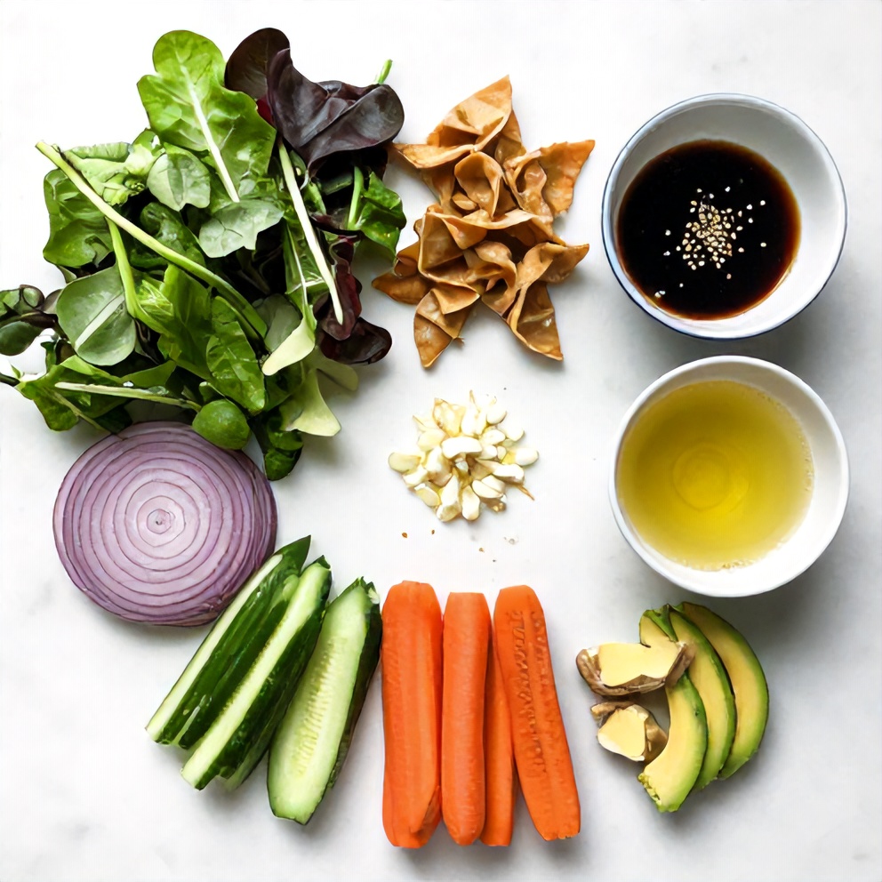 Jennifer Aniston Salad ingredients including fresh greens, crispy wontons, and dressing