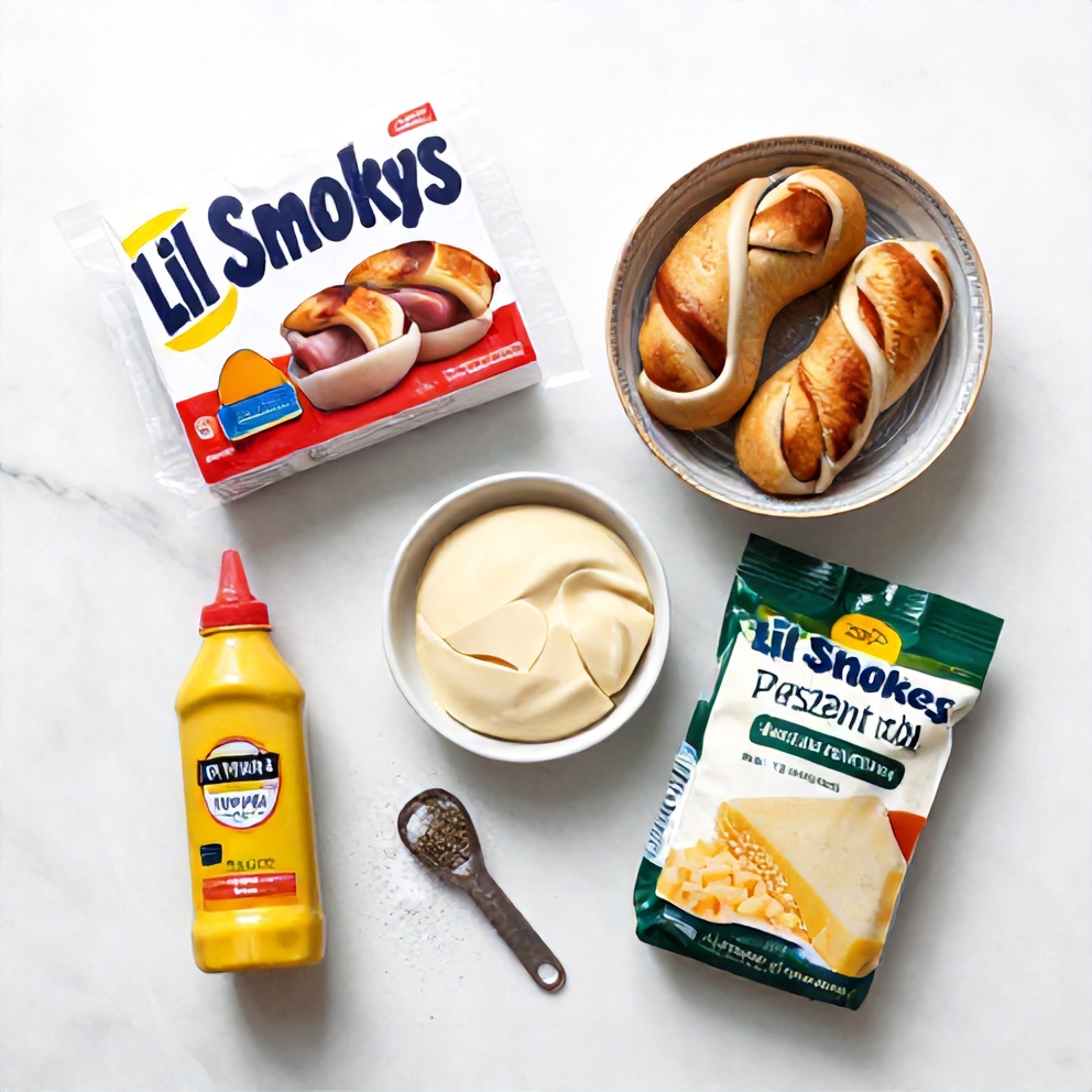 Raw ingredients for Lil Smokies Pigs in a Blanket on a marble surface