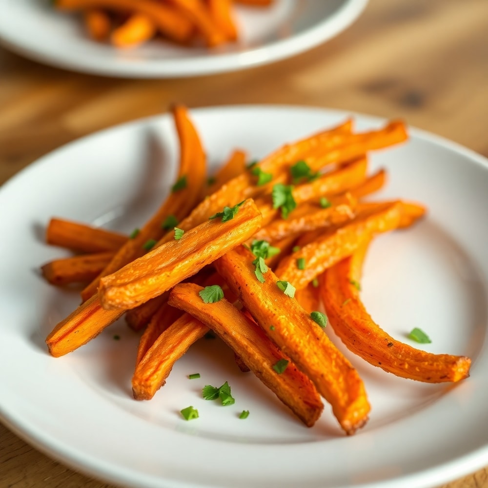 Plated serving of crispy oven baked sweet potato fries on a white plate