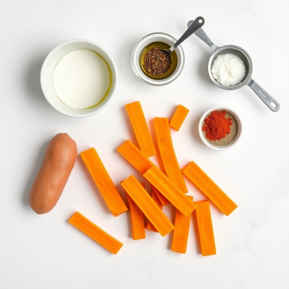 Raw ingredients for oven baked sweet potato fries on a white marble surface