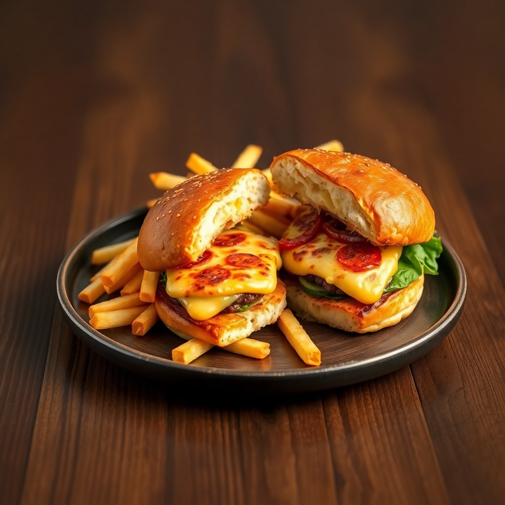 Pizza burger on a plate with a side of fries
