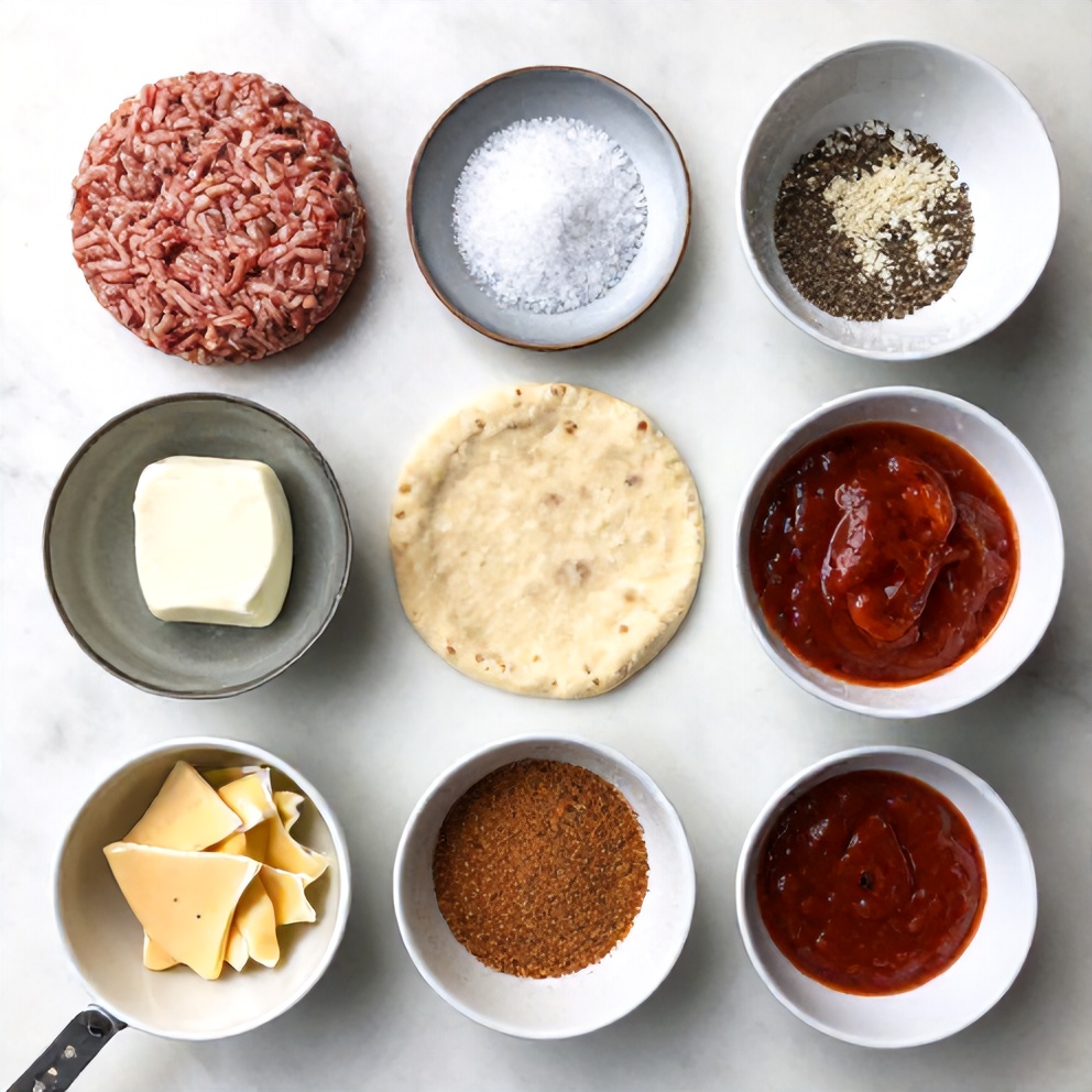 Raw ingredients for pizza burgers on a marble surface