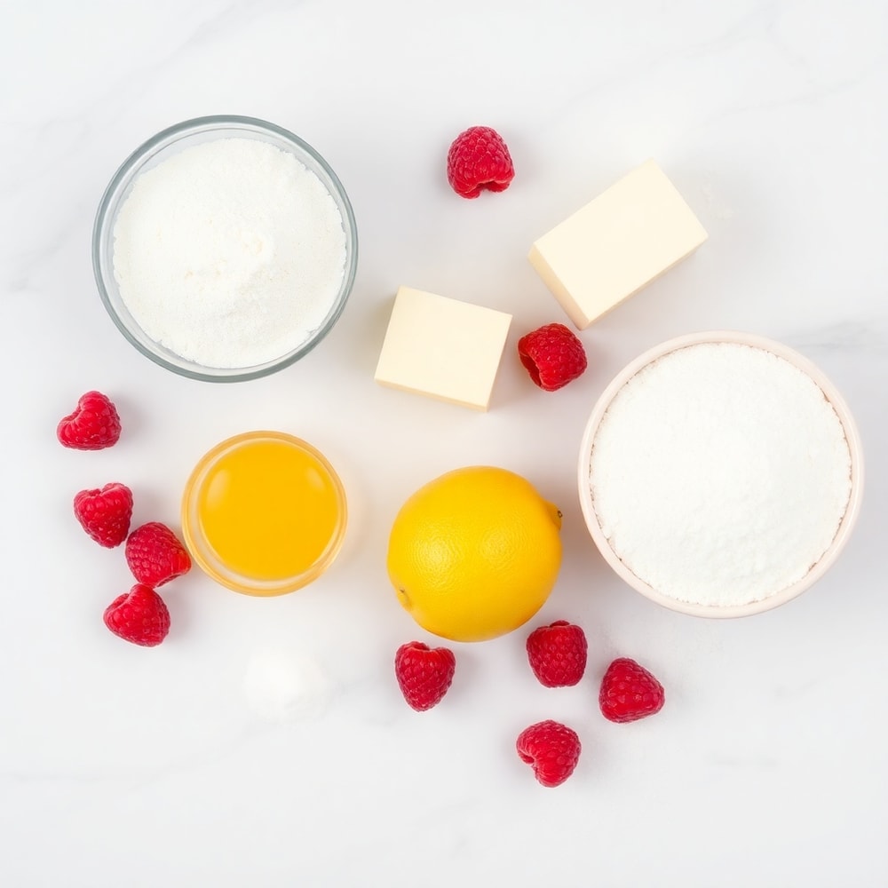 Raspberry Lemon Cookies ingredients on a white marble surface