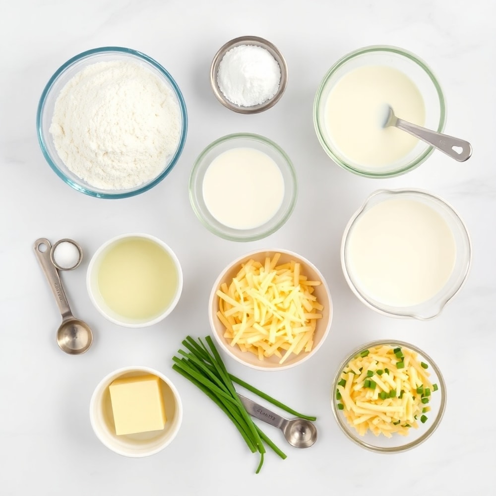 Raw ingredients for sour cream and onion biscuits on a marble surface
