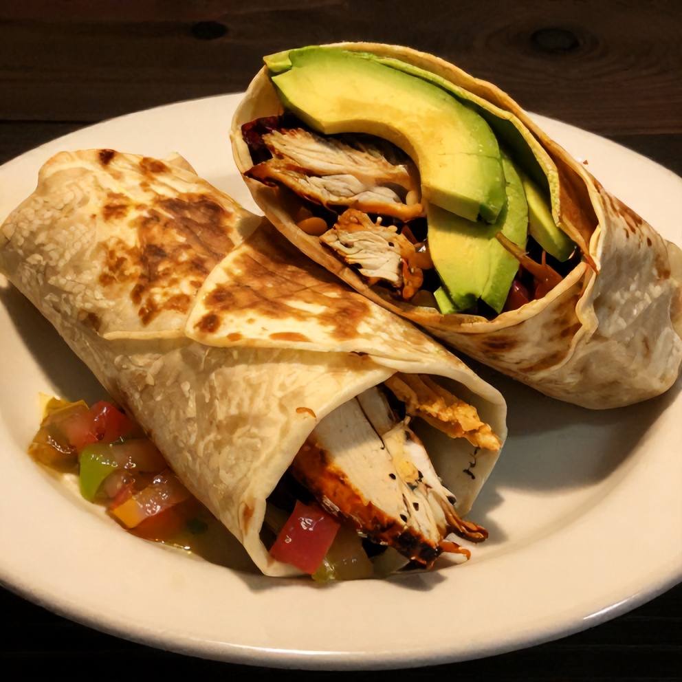 Plated Southwest Chicken Wrap with avocado and salsa