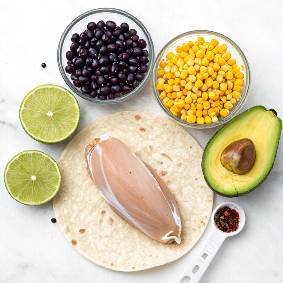 Raw ingredients for Southwest Chicken Wraps on a marble surface